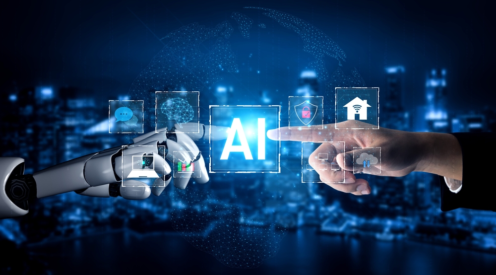 Human hand and robot hand touching a digital AI interface - Quantum Computing and AI fusion