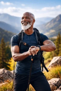 An active older adult using a smartwatch for seniors during a hike.